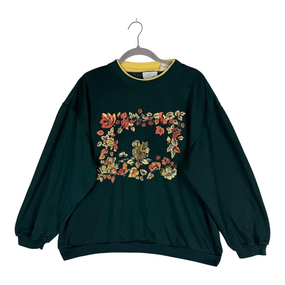 Basic Editions Sweatshirt Women XL Green Embroidered Squirrel Floral VTG